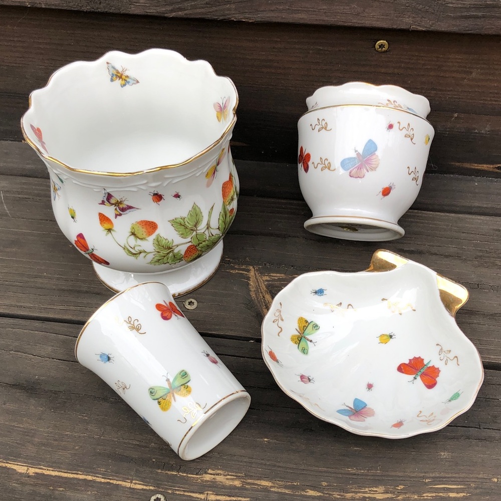 4-pc Set Ardalt Japan Lenwile China Hand Painted Gold Trim Butterflies Bugs Soap